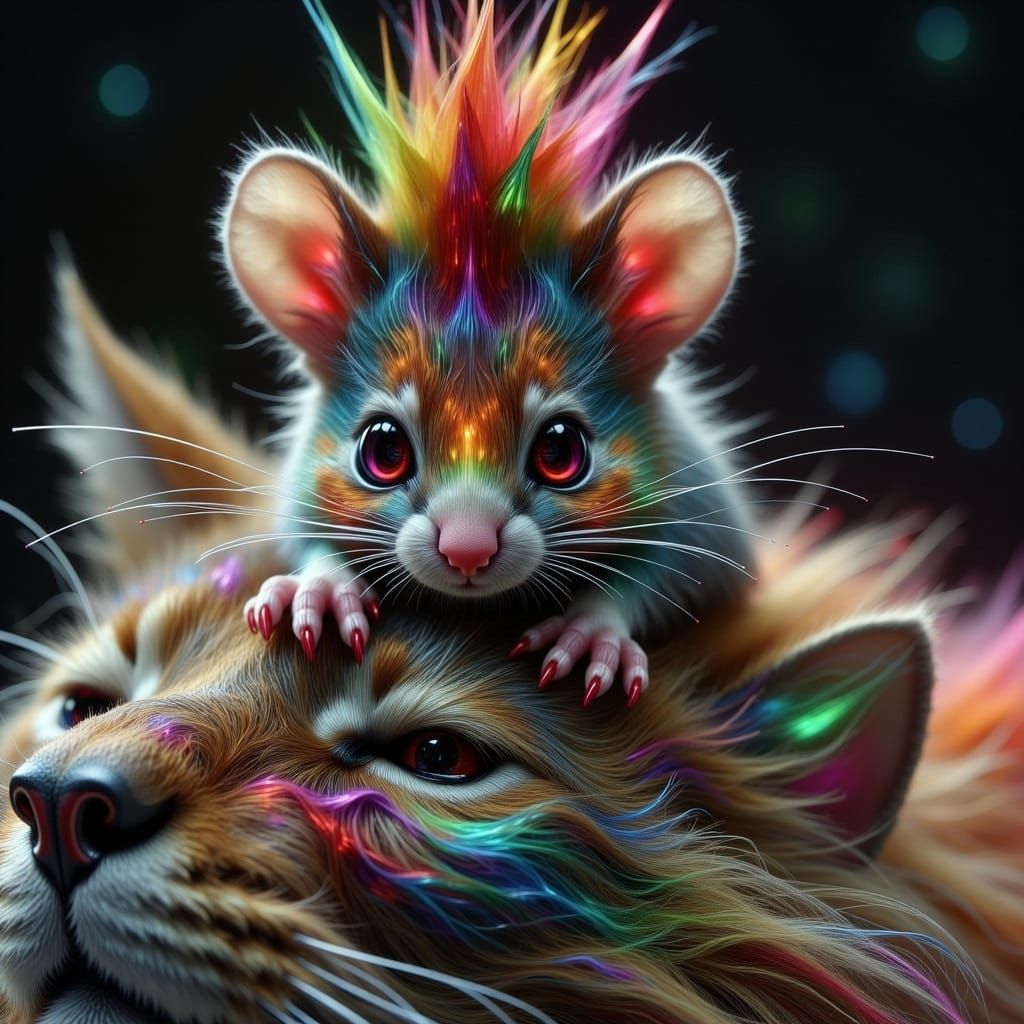 Colorful Chibi Mouse on Cat, Dark Fantasy Art