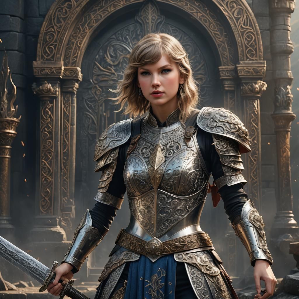 Taylor Swift as a Fantasy Warrior in Silver Armor