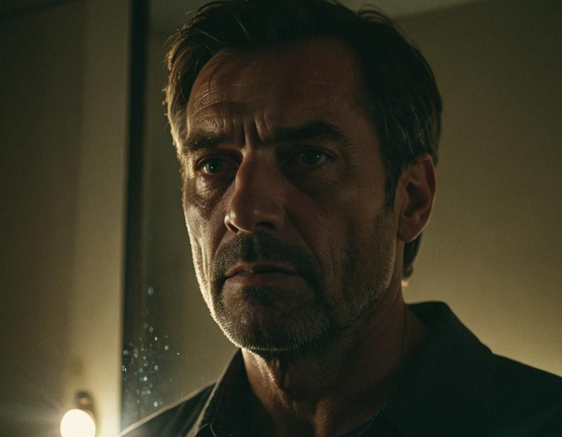 Un uomo di circa 50 anni si guarda in un grande specchio al ...