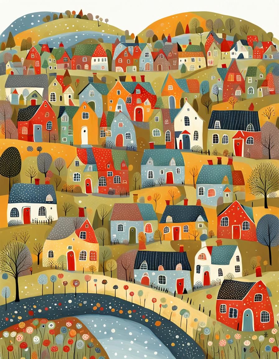 Whimsical Colorful Village in Folk Art Style