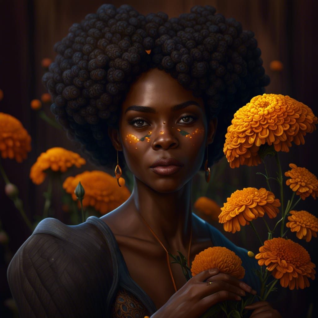 Black Woman Holding Marigold Flower: Fantasy Art