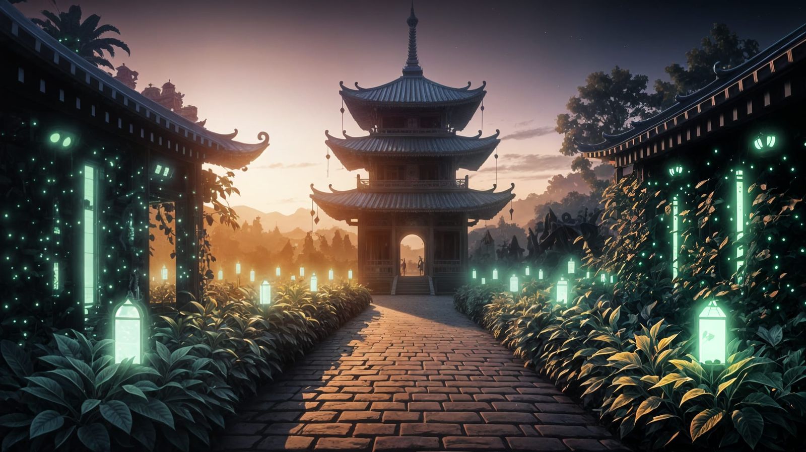 Vantablack Pagoda Garden at Sunset in Solarpunk Neo-Baroque ...