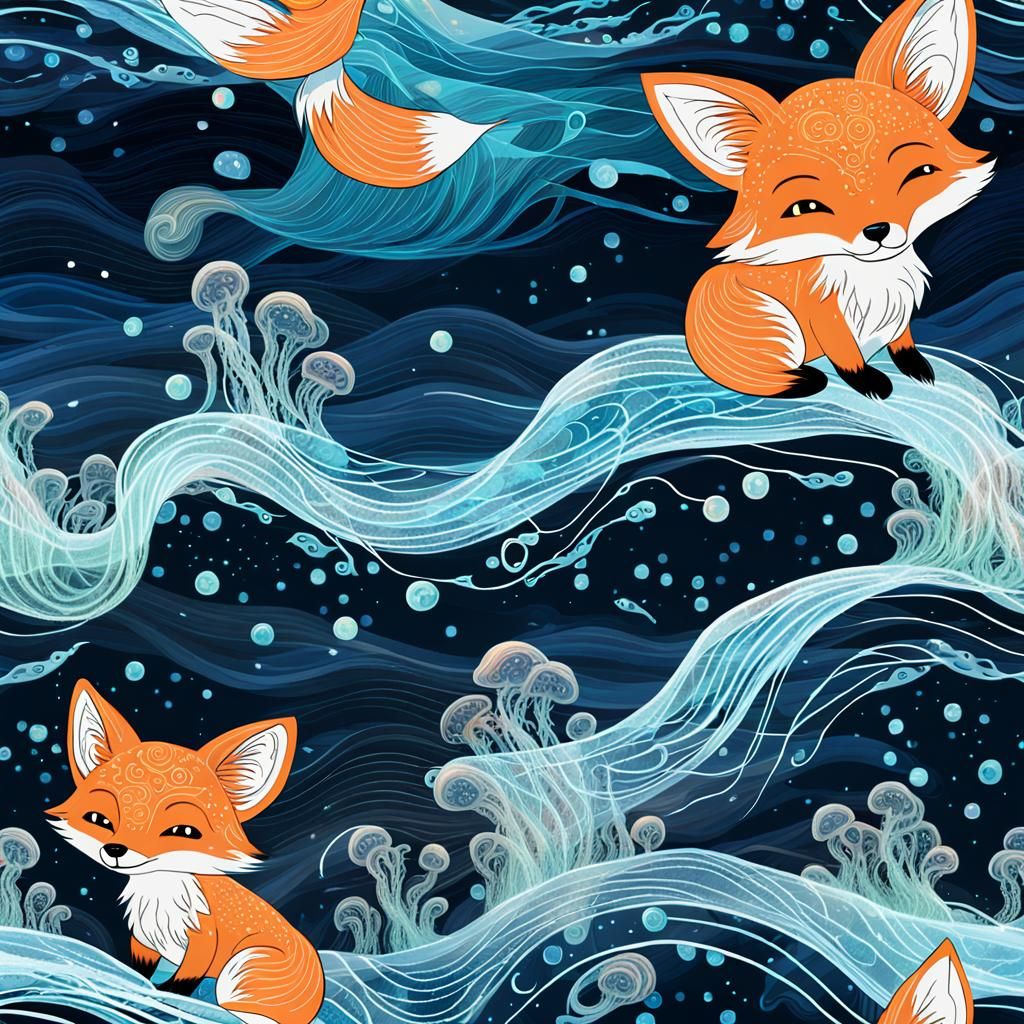Translucent Ocean Fox with Bioluminescent Waves
