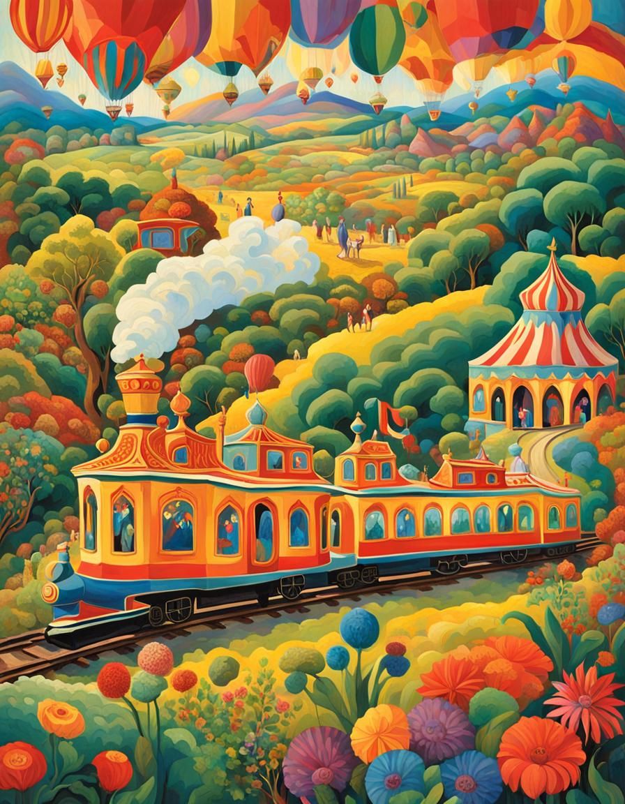 Colorful Circus Train Through Countryside, Expressive Painti...