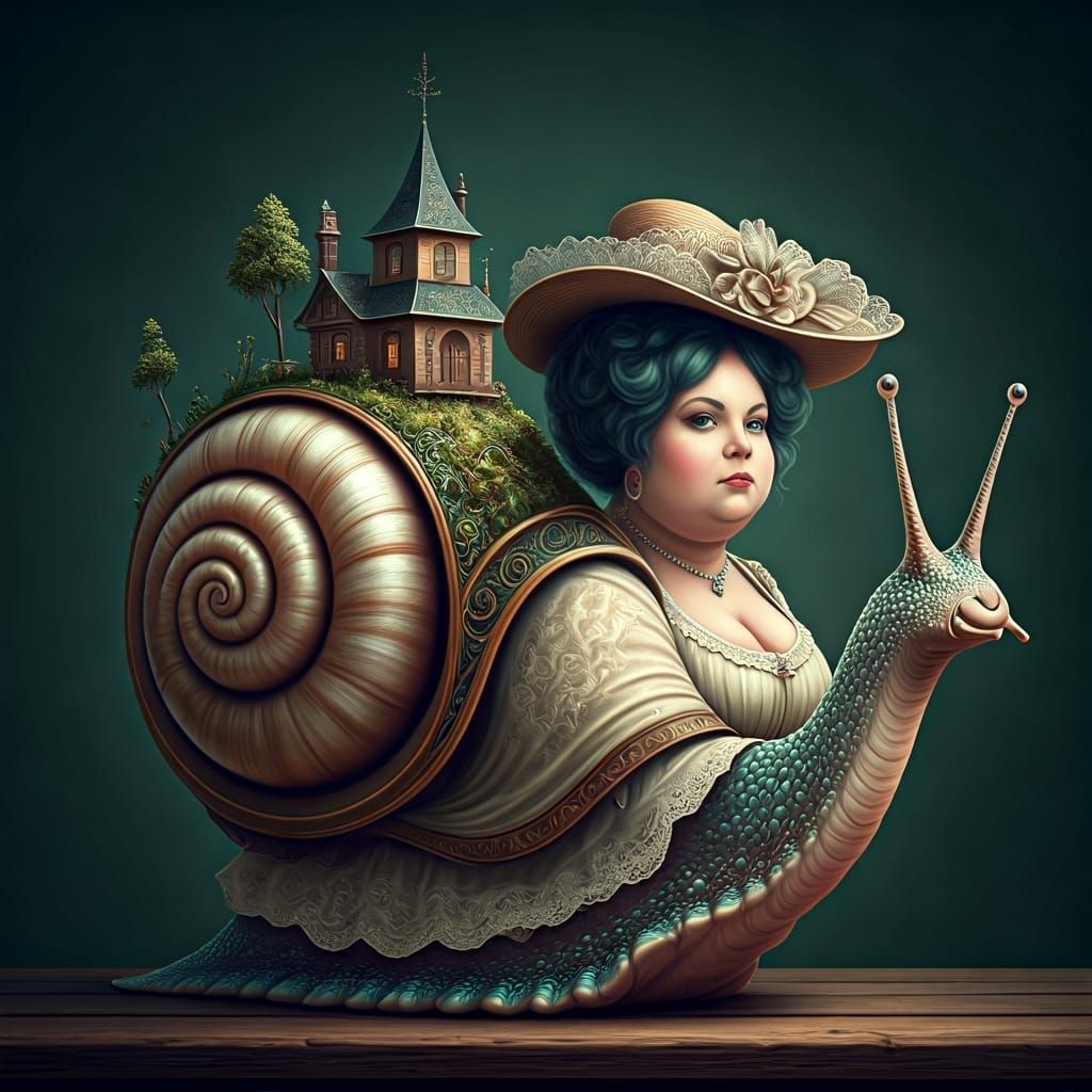 Snail Woman in Elegant Dress with Cozy House