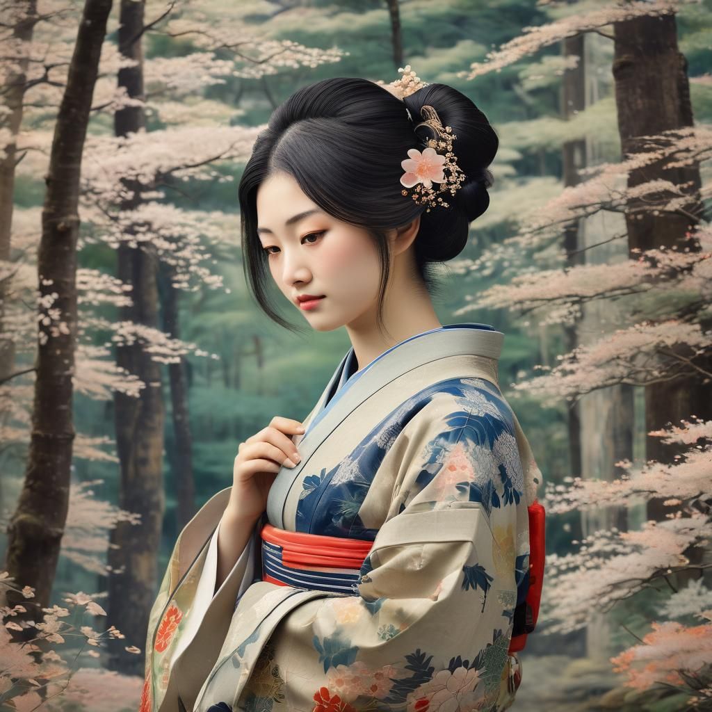 Ukiyo-e Style: Japanese Lady in Forest with Flowers