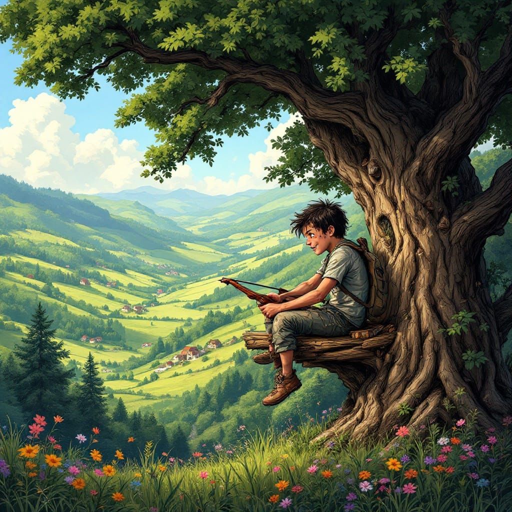 Whimsical Treehouse Adventure in a Flowery Valley