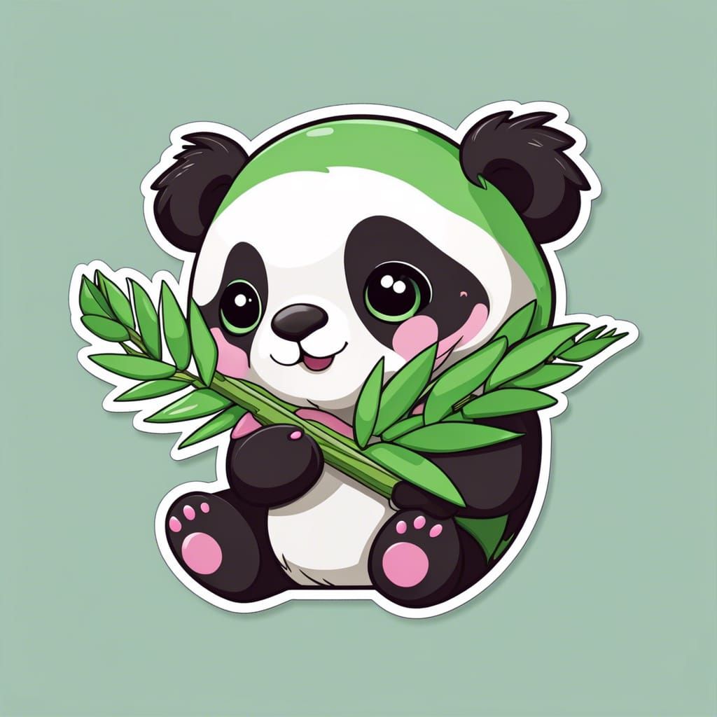 Kawaii Panda Sticker Design with Bamboo Leaf