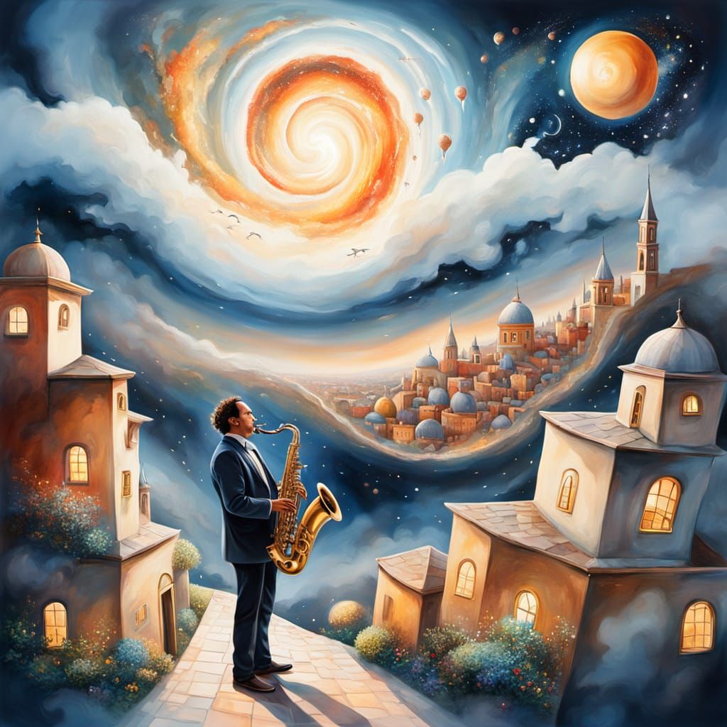 Surreal Jerusalem Saxophone Serenade in Vibrant Cosmic Style