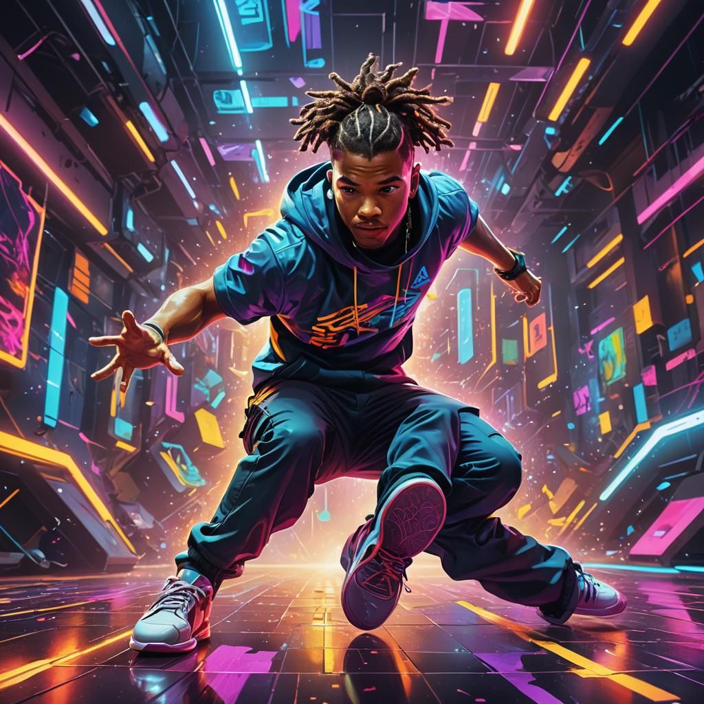 Amongus Breakdancing Portrait with Neon Art Nouveau Elements