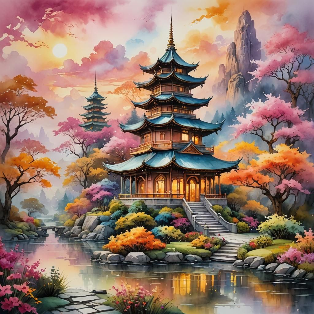 Magical Pagoda in Watercolor Garden