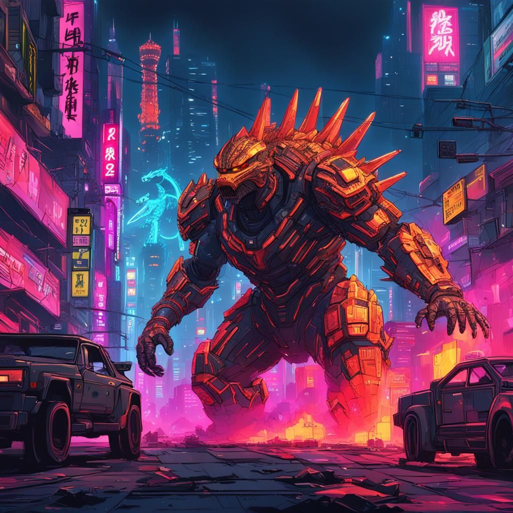 Mecha Godzilla Attacks City in Cyberpunk Style