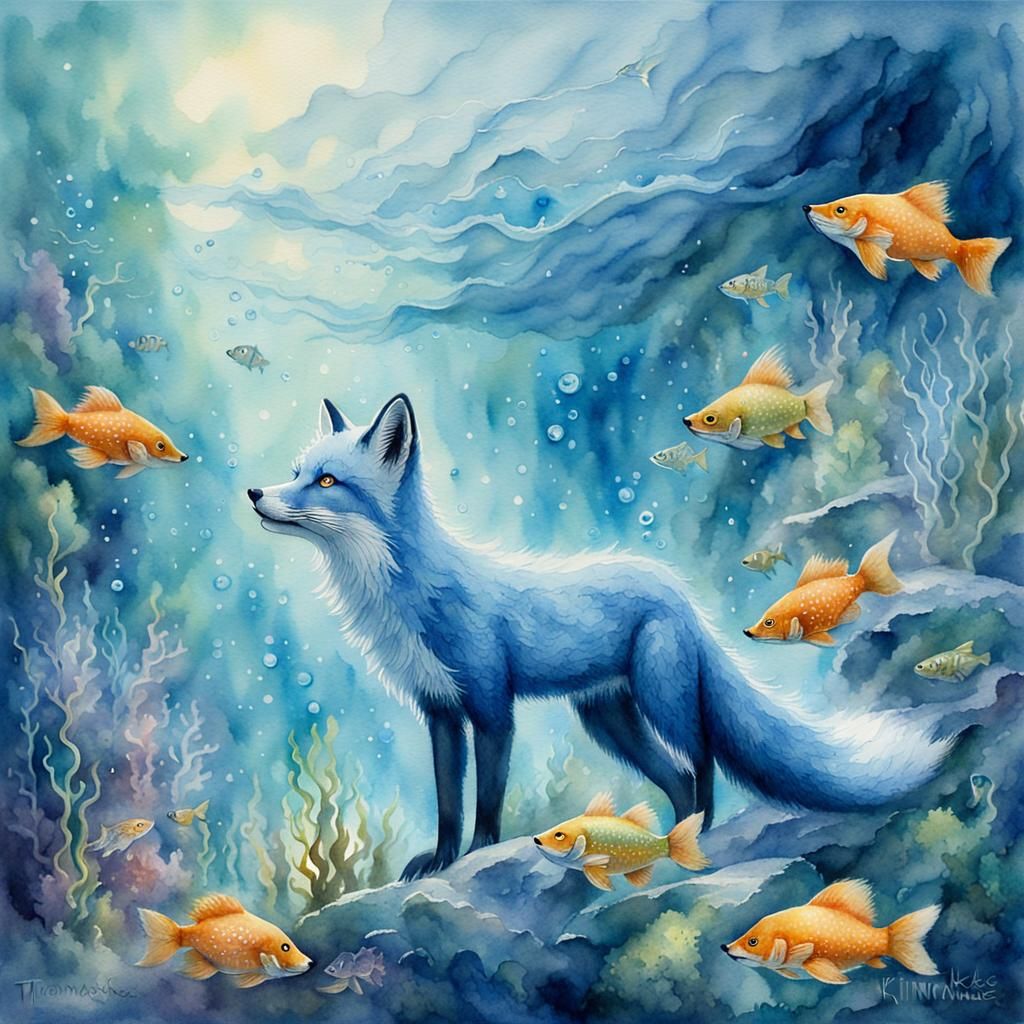 Underwater Blue Fox Watercolor Fantasy