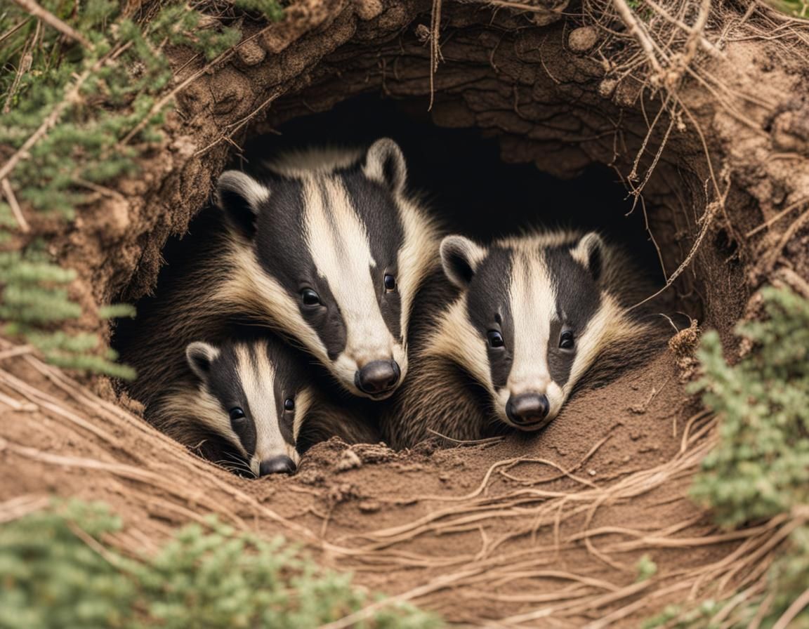 Cozy Badger Burrow with Sleeping Baby Badgers