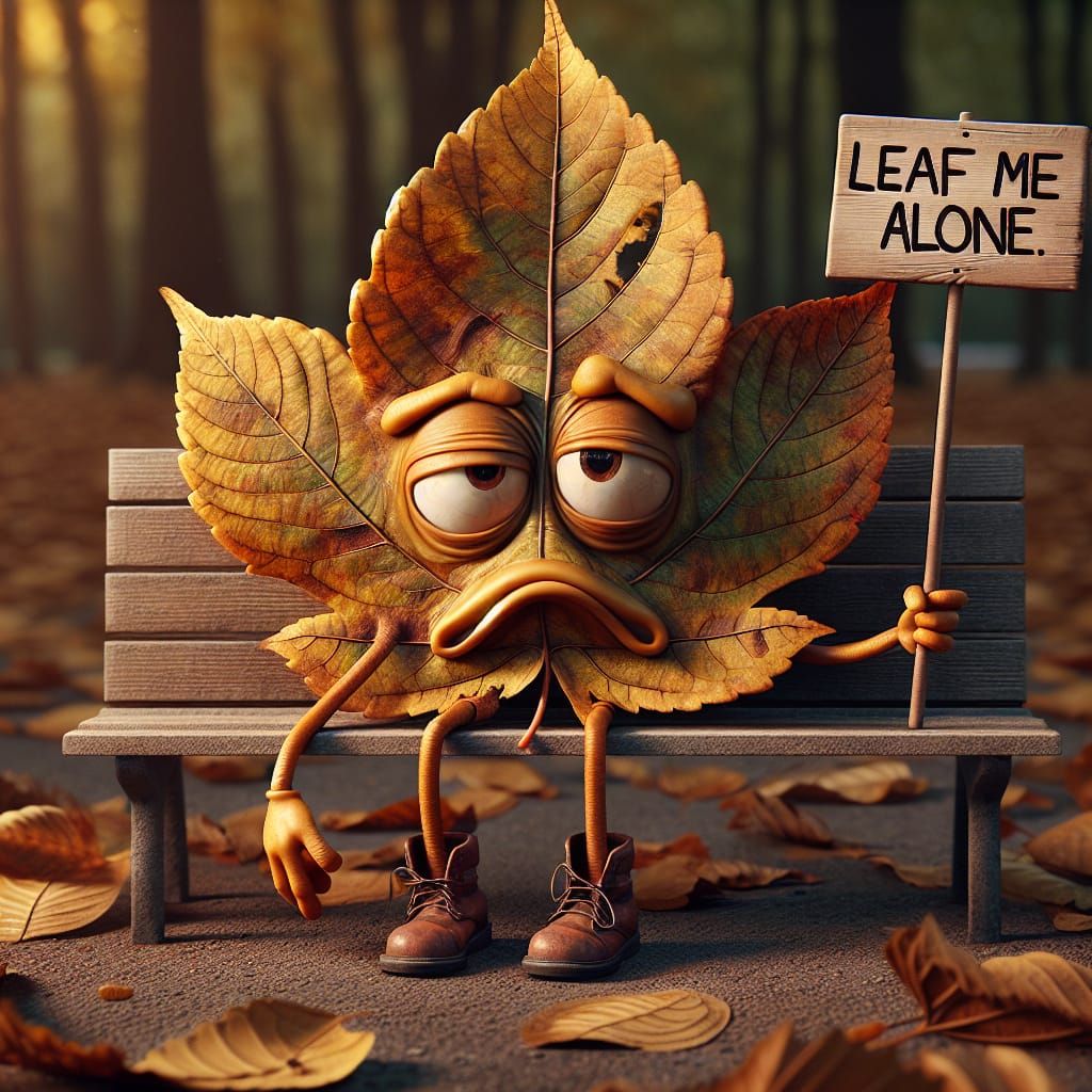 Disgruntled Autumn Leaf Character Sits on Park Bench
