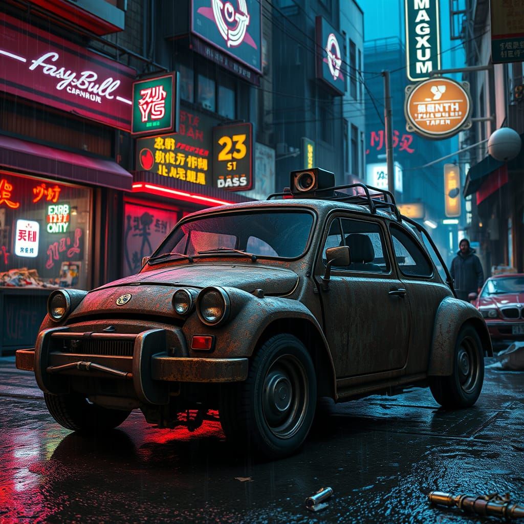 Cyberpunk Micro Car in Gritty Neon Alleyway