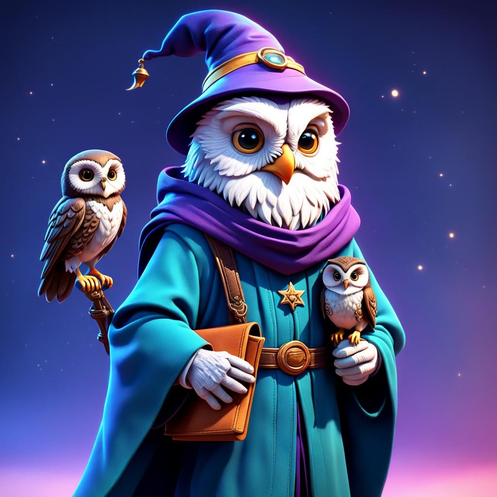 A small wizard carrying a tiny owl perched on their shoulder...