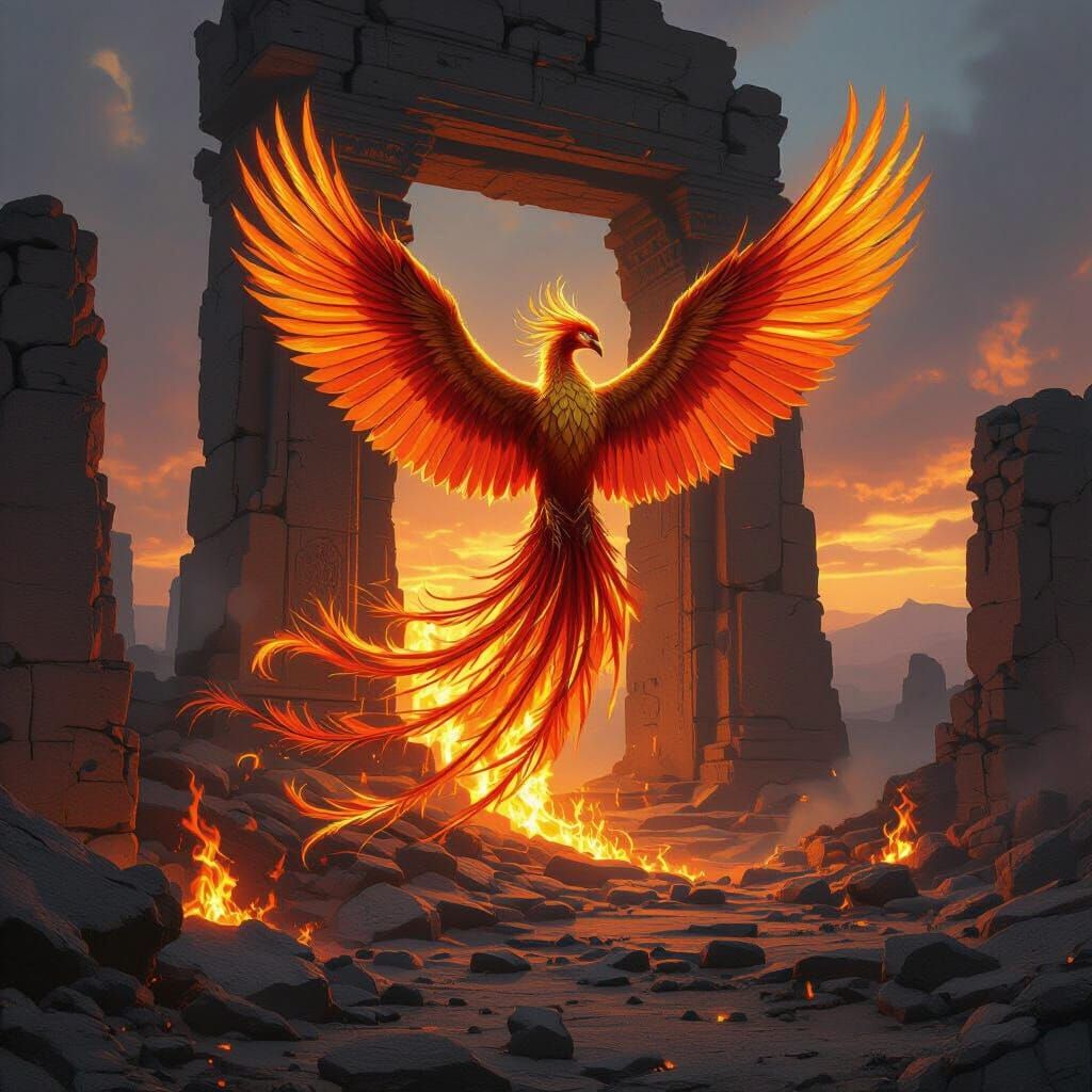 Phoenix Rising from Temple Ruins in Hyperrealistic Style