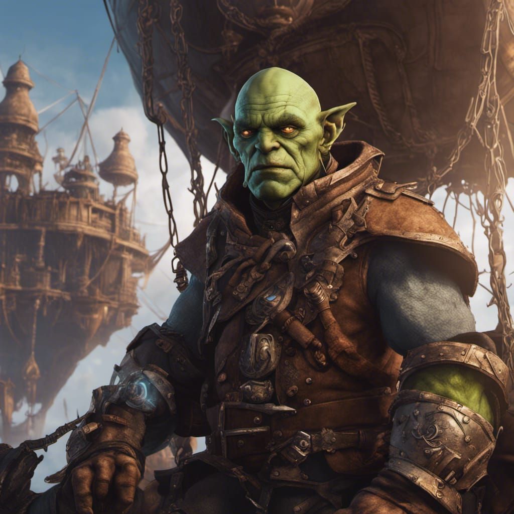 Orc Artificer on Fantasy Airship: Detailed Matte Painting