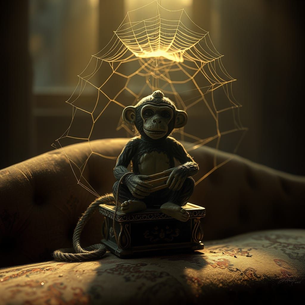 Antique Musical Monkey Toy in Atmospheric Lighting
