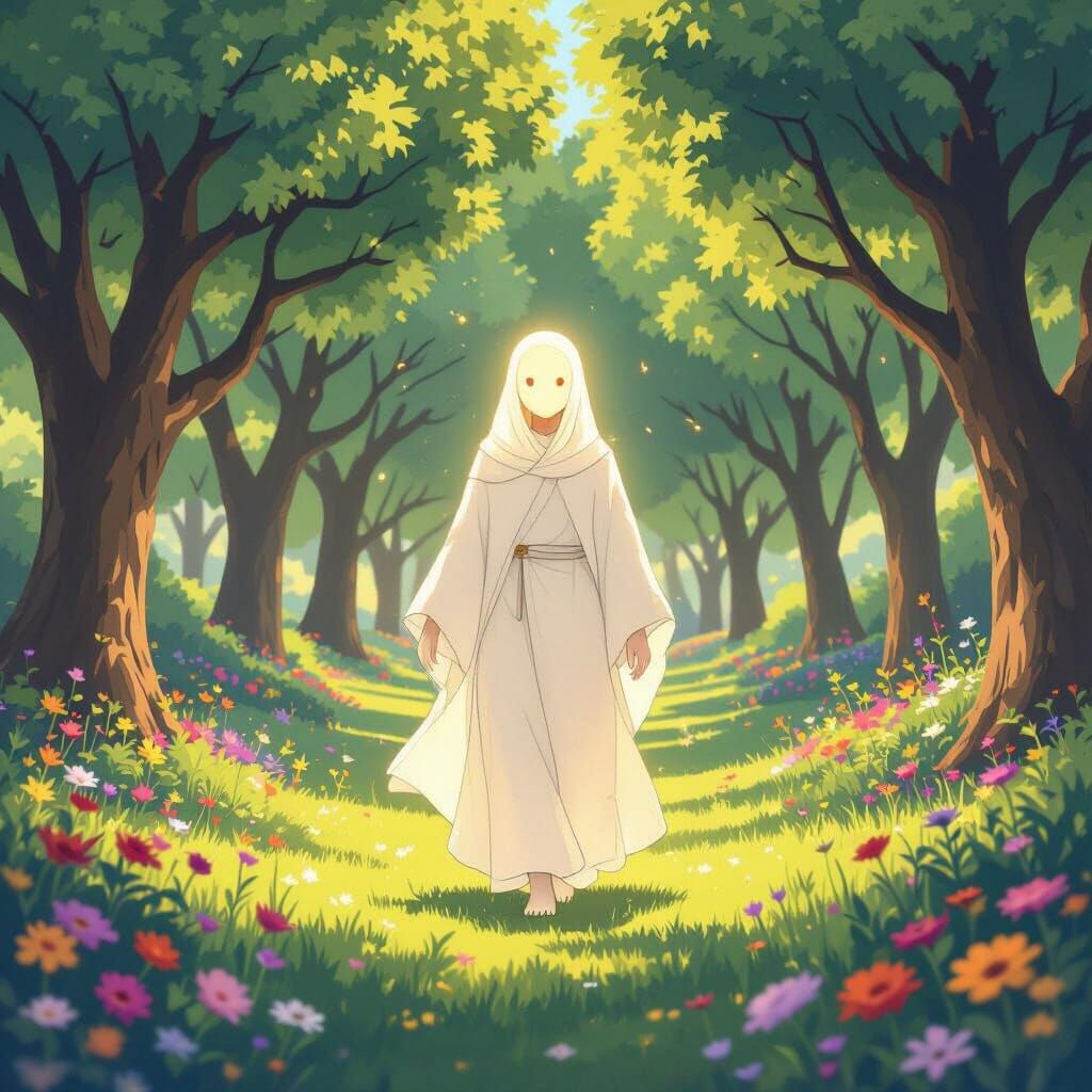 Glowing Entity Walks in Park, Miyazaki-esque Style