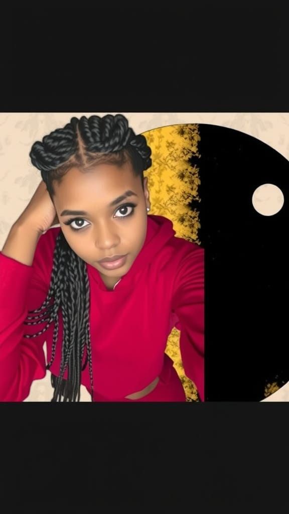 Woman in Red Hooded Outfit, Braided Hair, Hand on Head