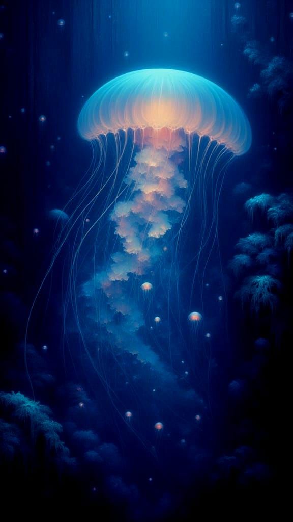 Bioluminescent Jellyfish Drifting Through Kelp Forest