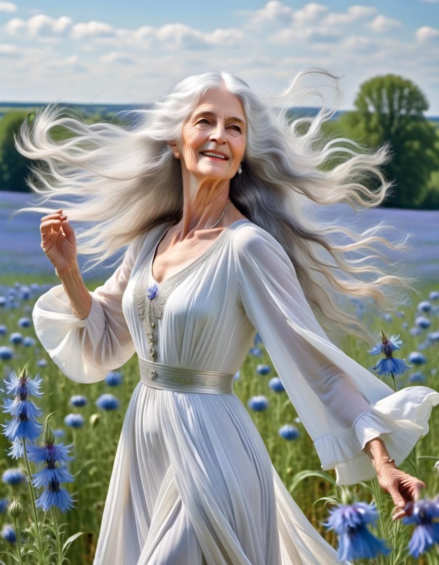 Elegant Woman Dances in Edwardian Style Amidst Cornflowers