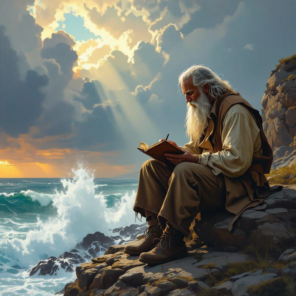 Old Man Sketches Stormy Sea on Cliff, Concept Art Style