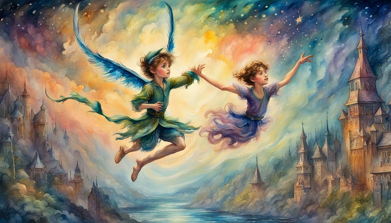 Midnight Peter Pan: Fantasycore Watercolor Masterpiece