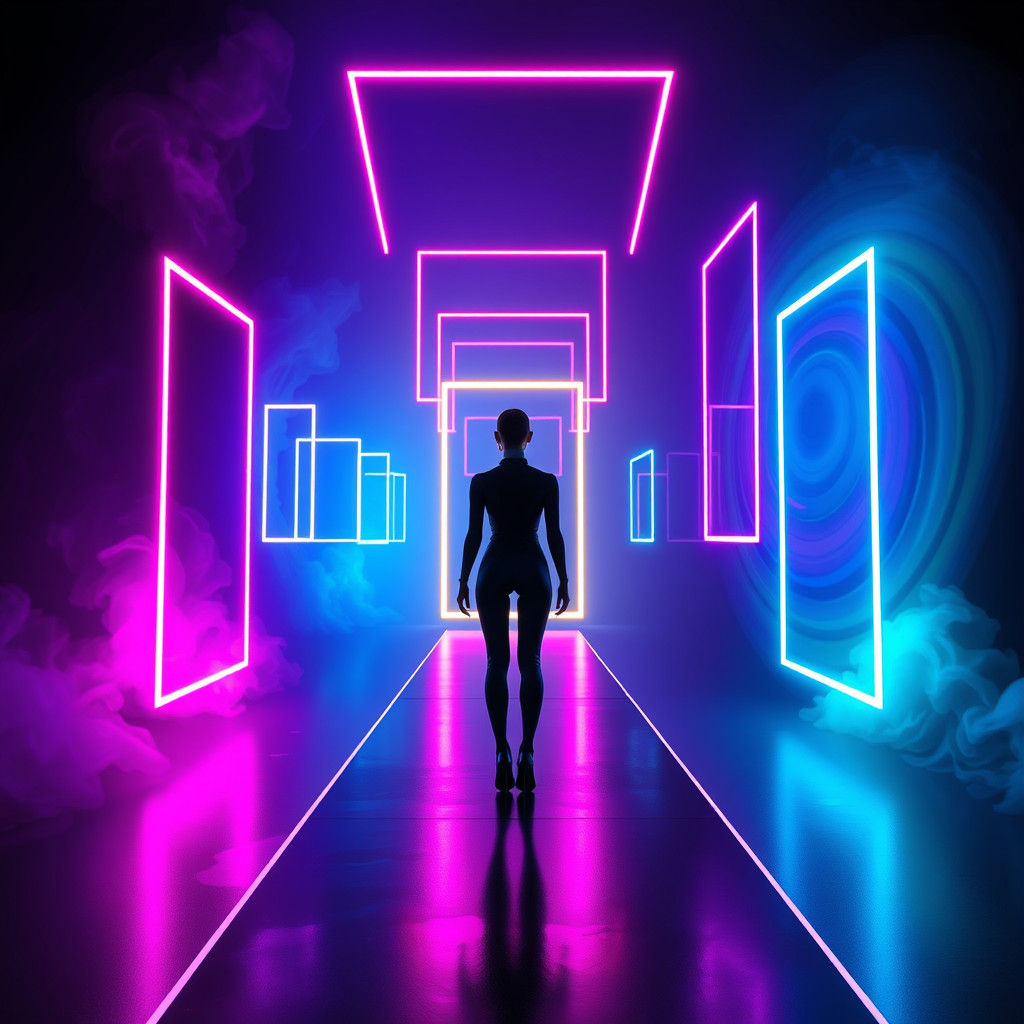 Futuristic Model on Runway with Neon Lights