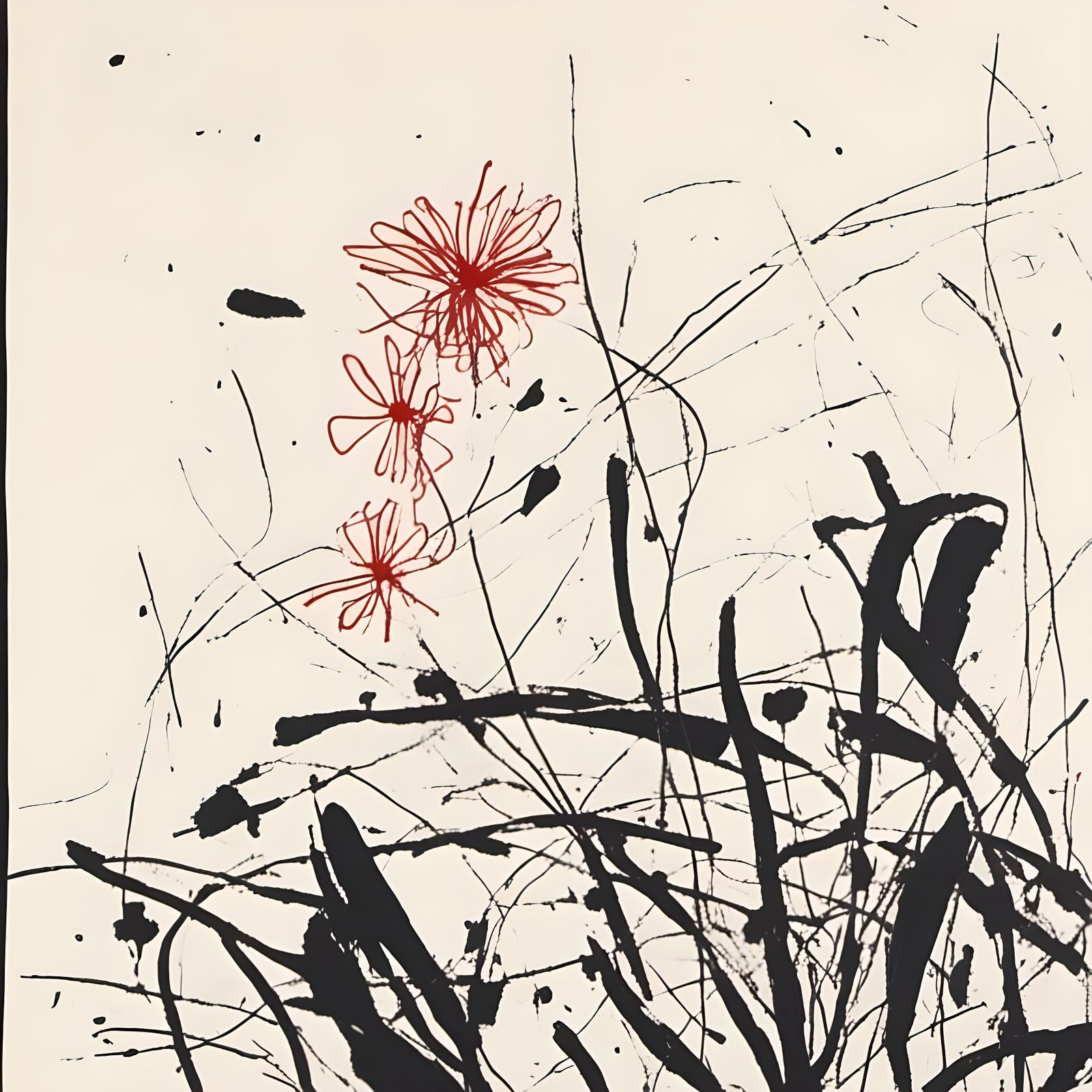 Red Line Art: Floral Sketch on White