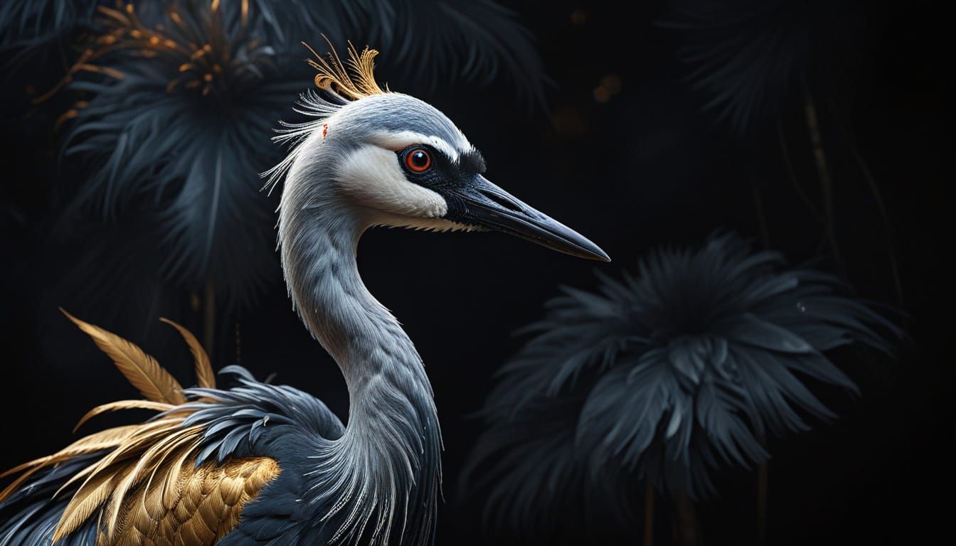 Majestic Crane with Gold and Silver Plumes