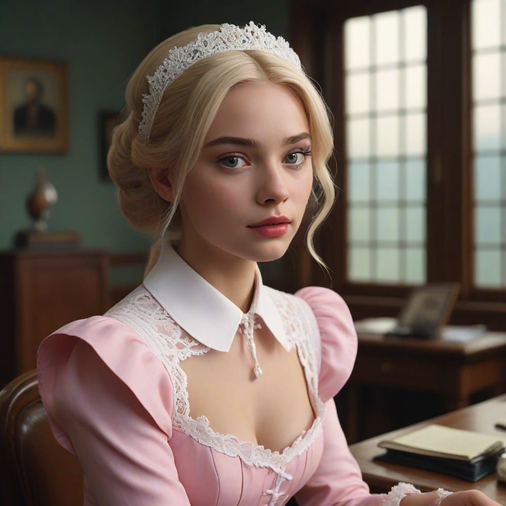 Shy Young Man in Maid Outfit on Desk