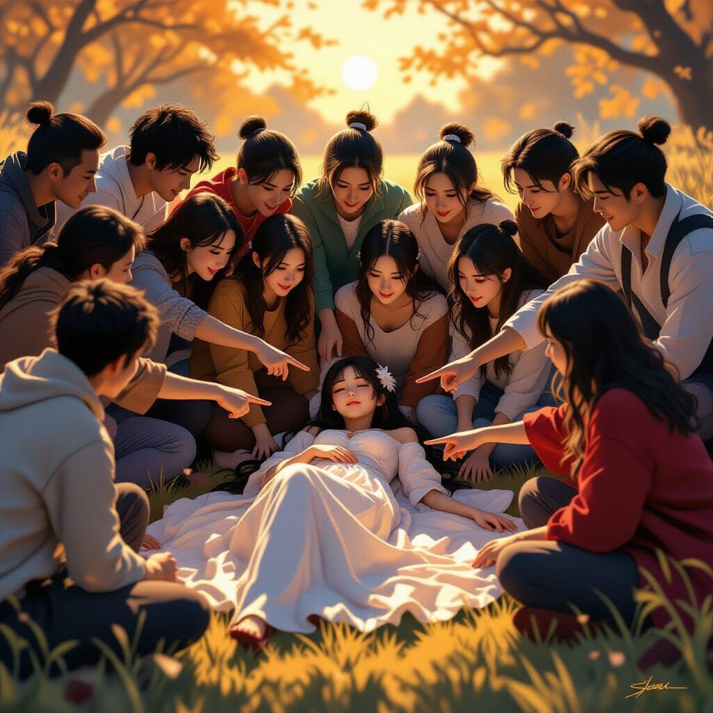 Anime Woman in Sunlit Circle of Watchers