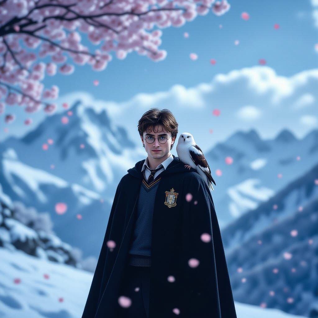 Harry Potter and Hedwig on Snowy Mountain with Cherry Blosso...