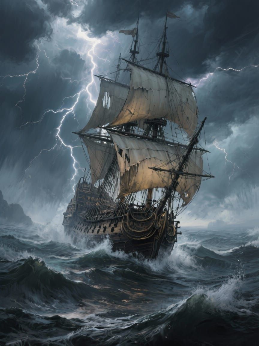 Galleon Battles Stormy Seas in Dramatic Digital Painting