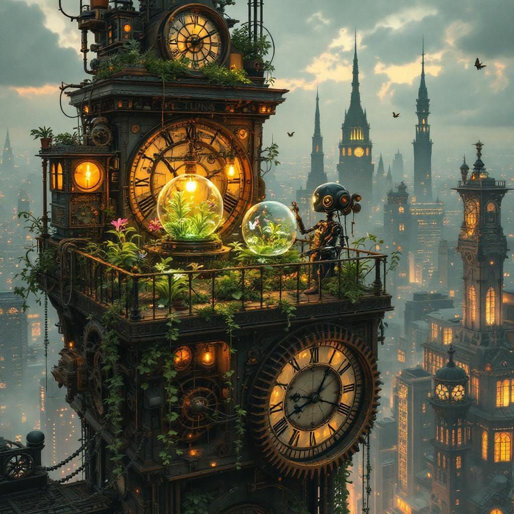 Steampunk Rooftop Garden with Glowing Flora, Art Nouveau Sty...