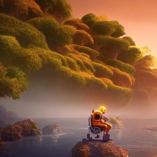 Robot Listens to Music in Fantasy Landscape