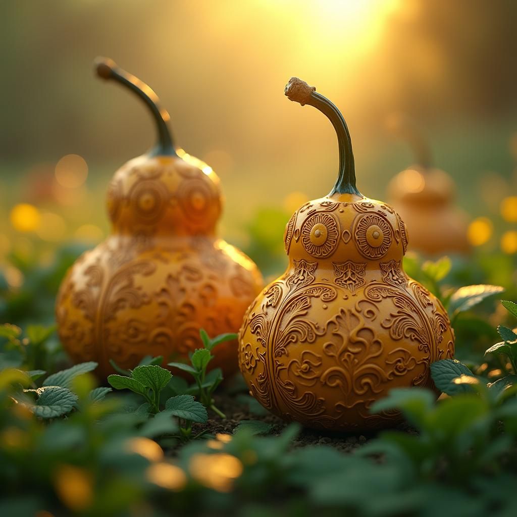 Ornate Gourds in Golden Field: Detailed Matte Painting