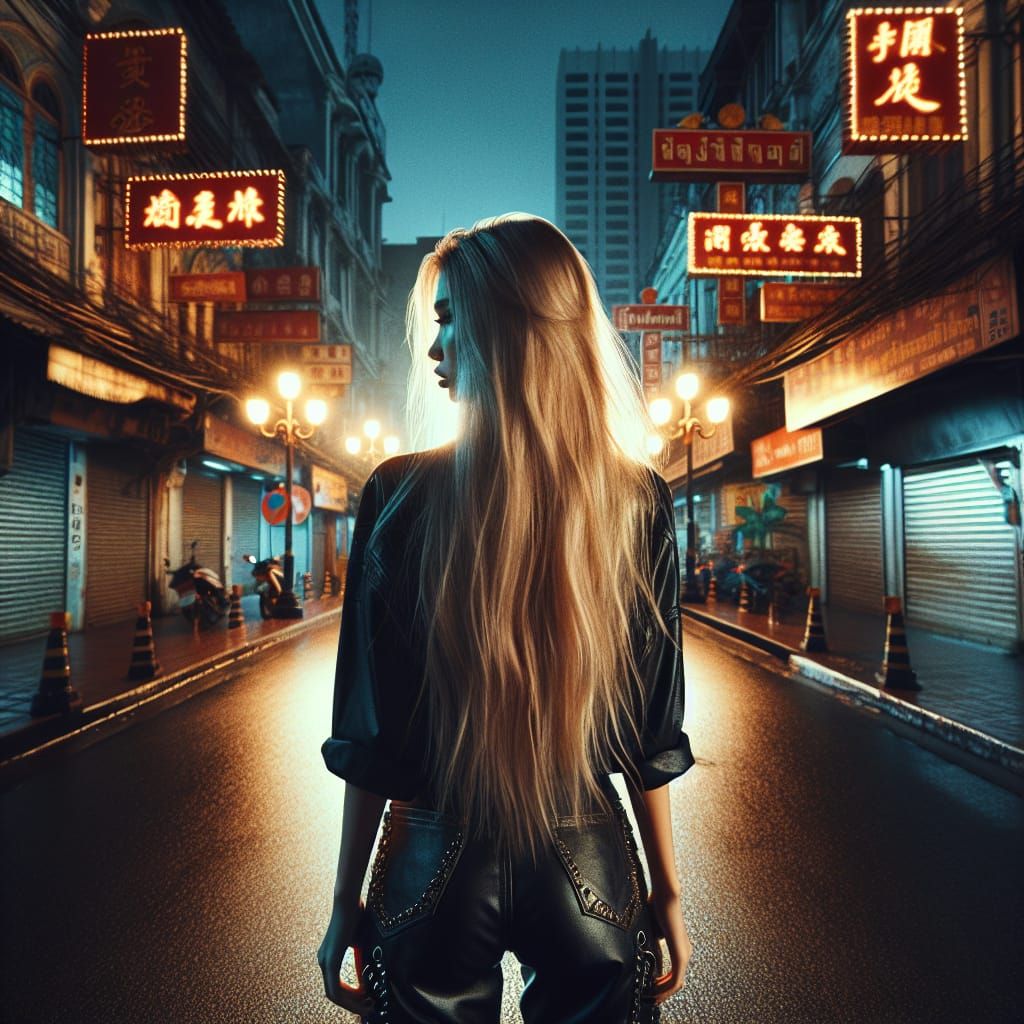 Cinematic Chinatown: Golden-Haired Woman in Punk Style