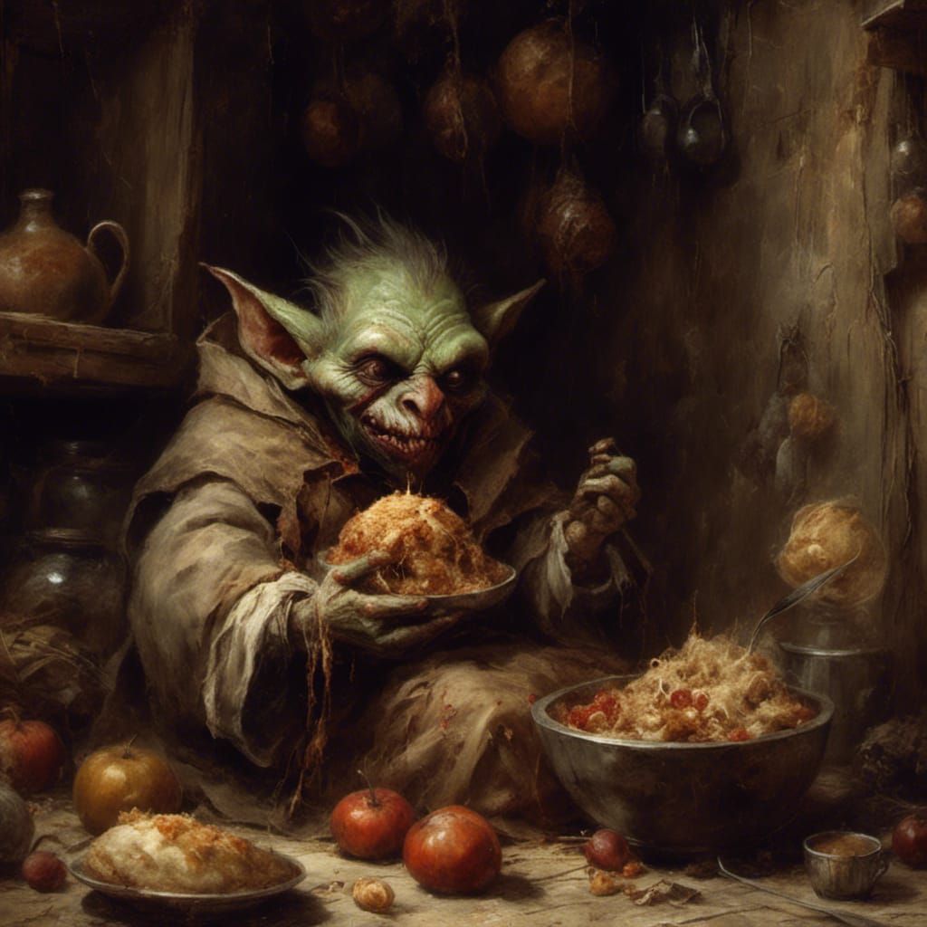 Evil Goblin Feasting in Gothic Bakery