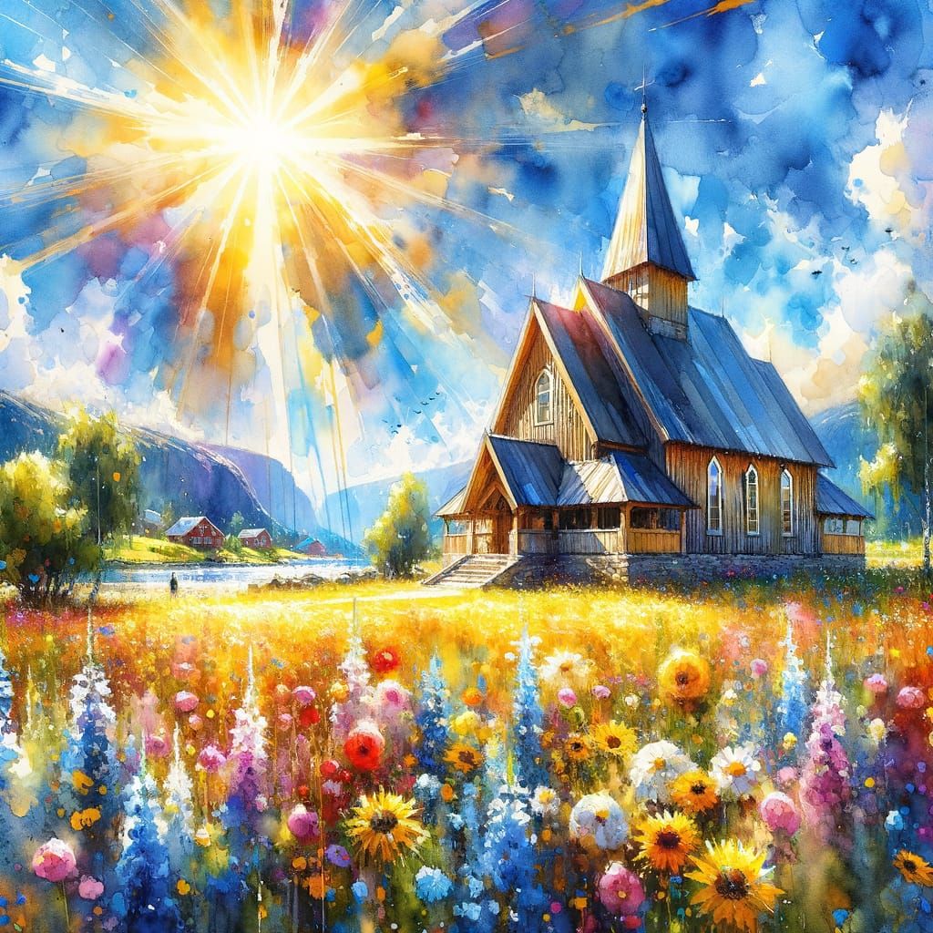 Stunning Expressionistic Watercolor of Modern Norwegian Chur...