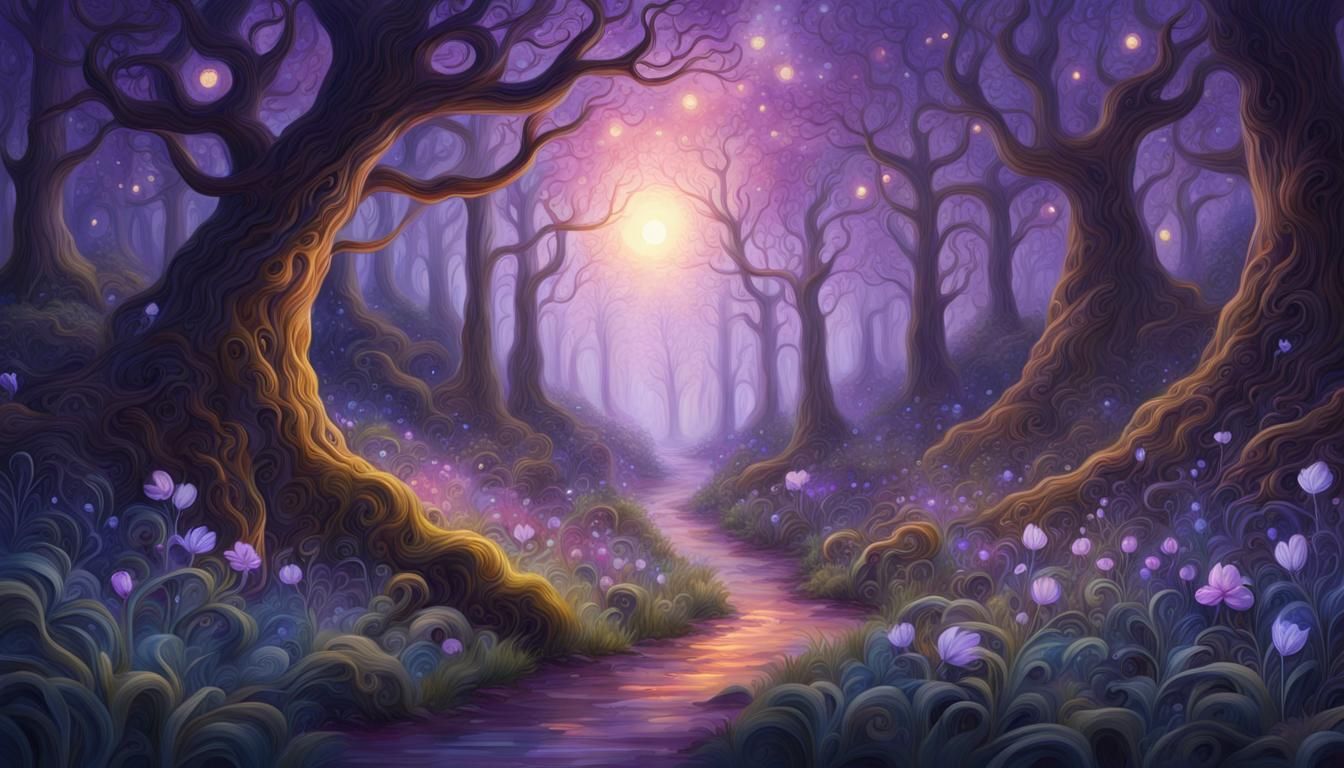 Whimsical Fantasy Forest at Twilight: Detailed Matte Paintin...