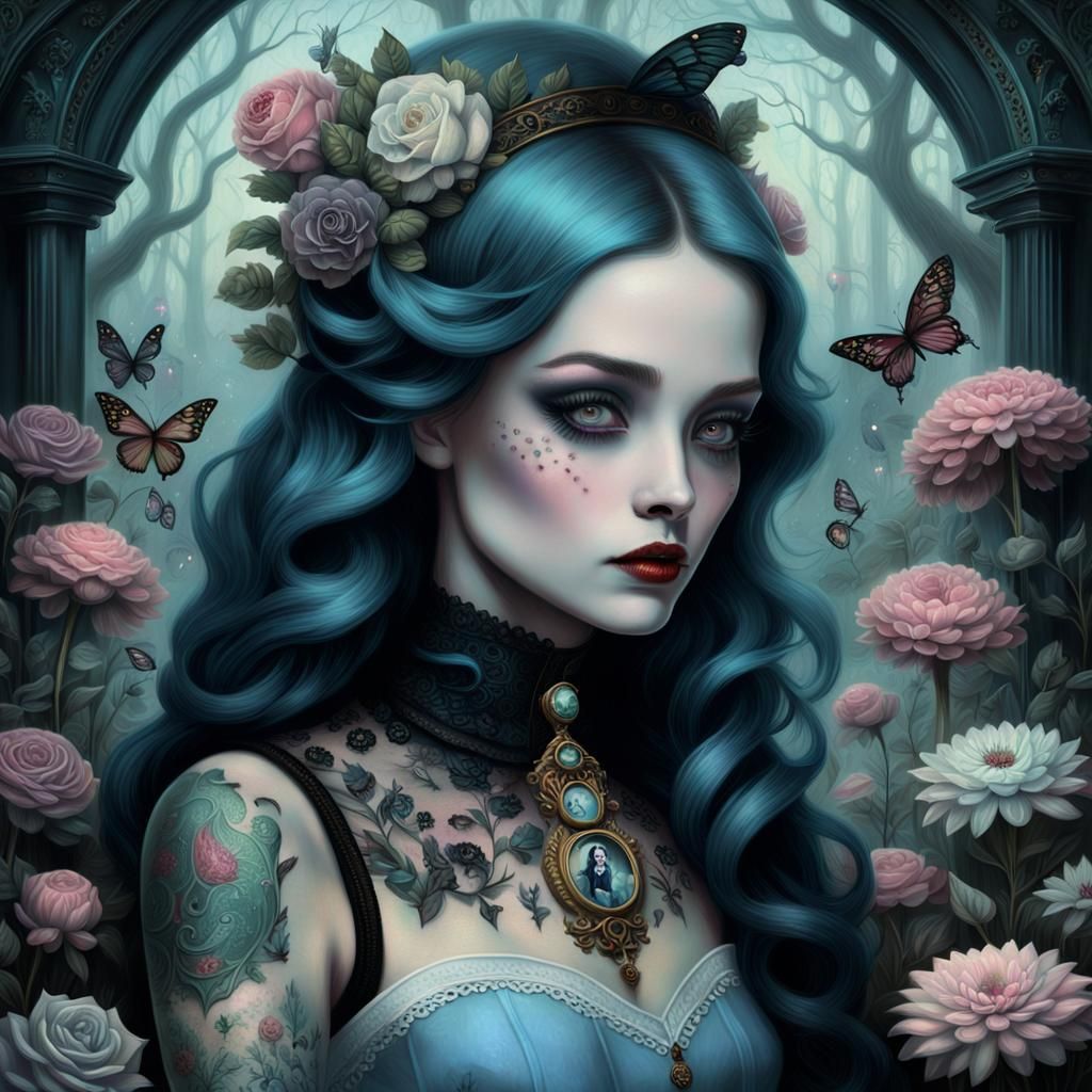 Alice in Wonderland in Tattoo-Inspired Digital Art Style