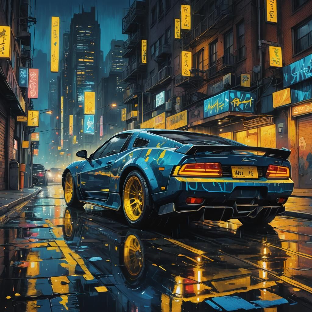 Cyberpunk Sports Car Illuminates City Street