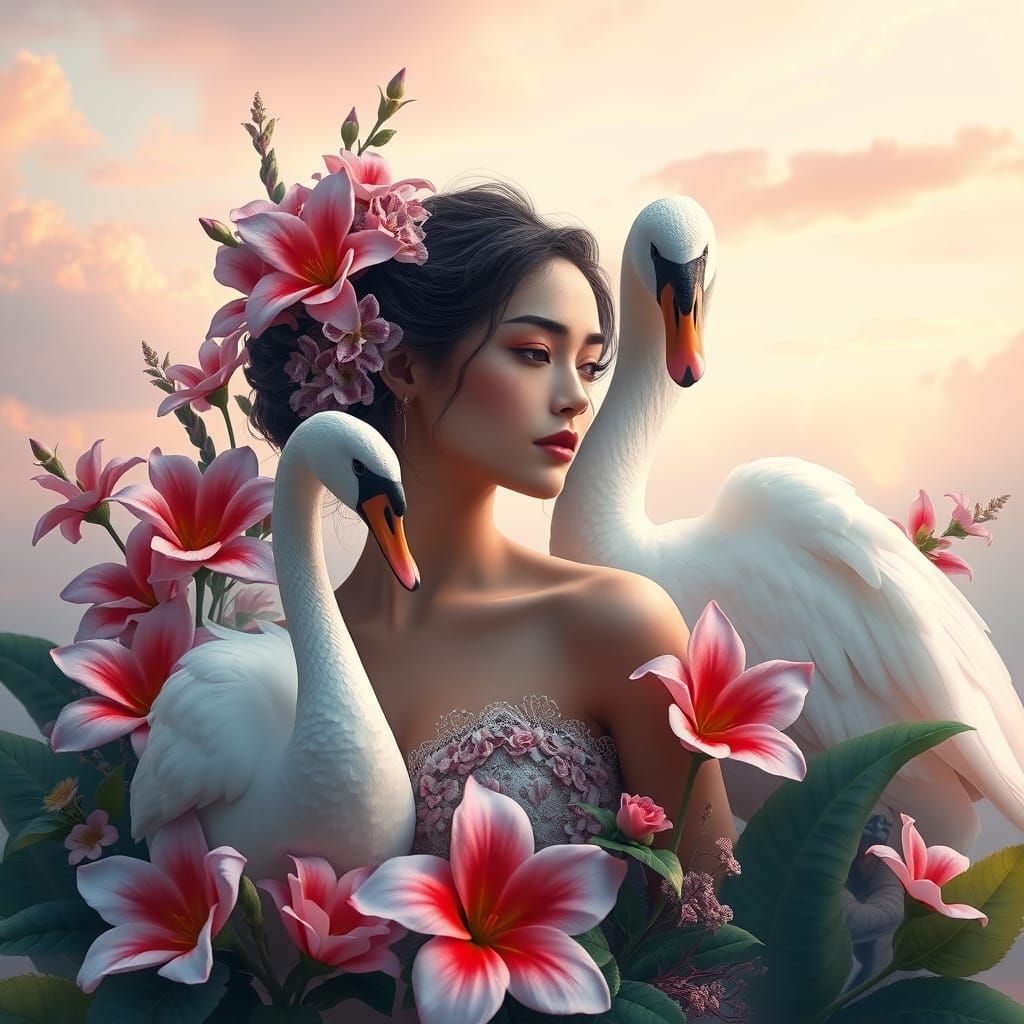 Serene Woman Surrounded by Lush Flowers and Majestic Swan in...