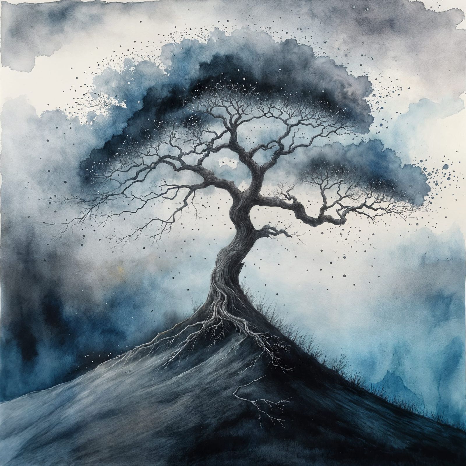 Lone Tree on Windswept Hill in Graphite and Watercolor