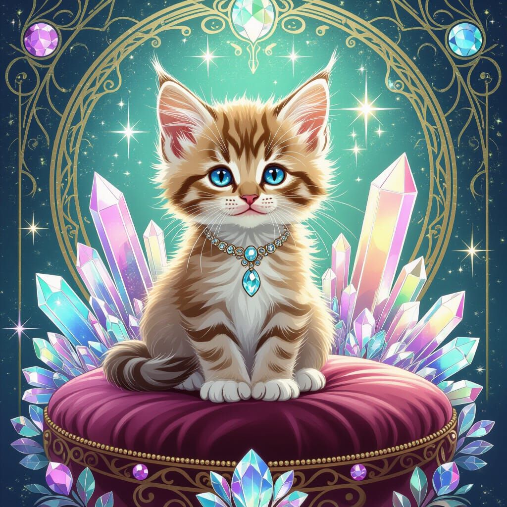 Crystal Kitten on Velvet Cushion with Gemstones