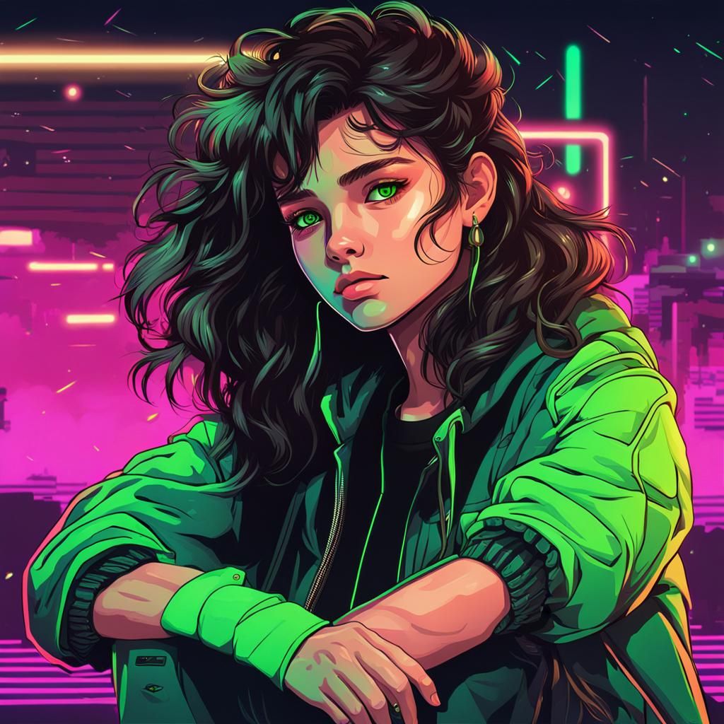 Synthwave Portrait of Teenage Girl with Green Eyes